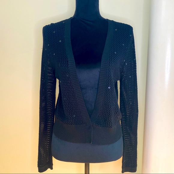 Chico's Sweaters - Chico’s Open Knit Shrug Black Sequin Sparkle Sz 0